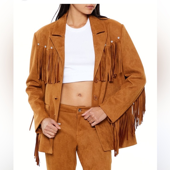 NEW NWT Cognac Brown Western Fringe Studded Faux Sueded Blazer Jacket size XS - Picture 1 of 14